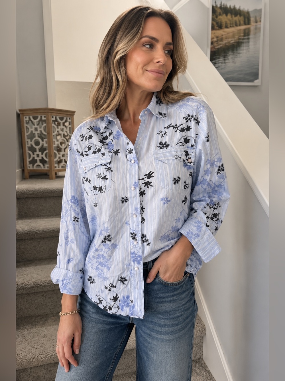 Haggar Western Blouse Floral Print Stripe Light Wash Powder Blue Navy Size S P 